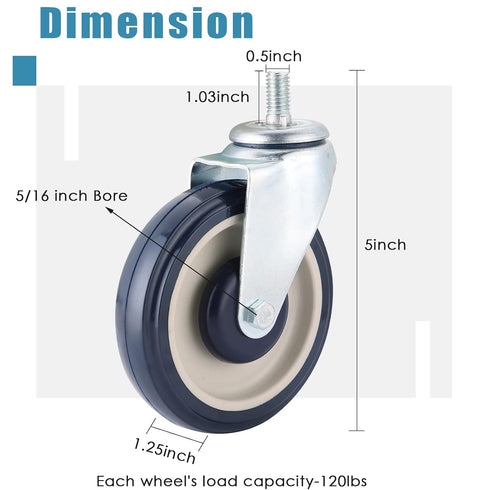 4 Pack 5-inch Shopping Cart Replacement Wheels Kit Stem Caster Wheels with Axles Bolt, Polyurethane Stepped and Full
