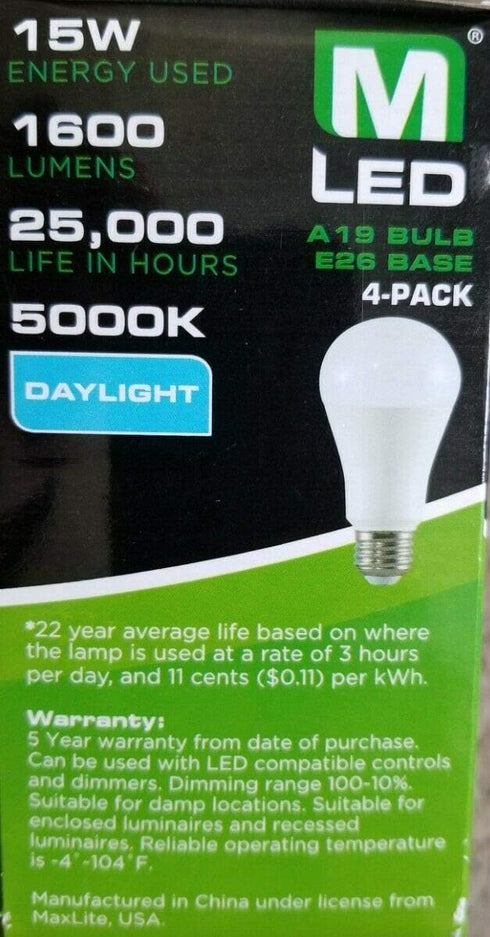 Maxlite 4 Pack Dimmable A19 LED Bulb, 100W Daylight 5000K