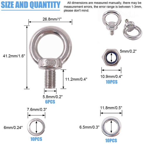 Glarks 36Pcs M6 Male Thread Stainless Steel Eye Bolt Set with Lock Nuts, Washers, and Lock Washers