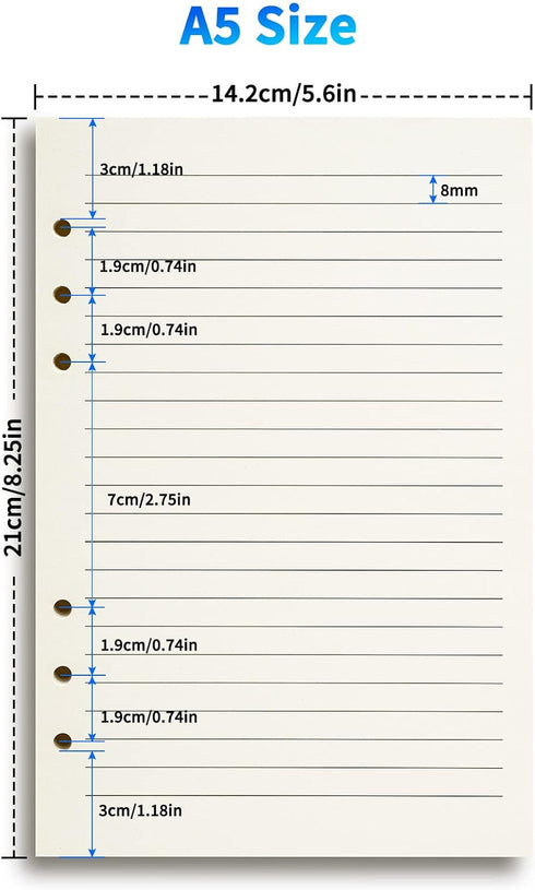 Tofun A5 A5 6-Ring 8mm 80 160 Line Refill Paper, Binder Refills for Binders Planner Traveller Journal Notebook Dairy
