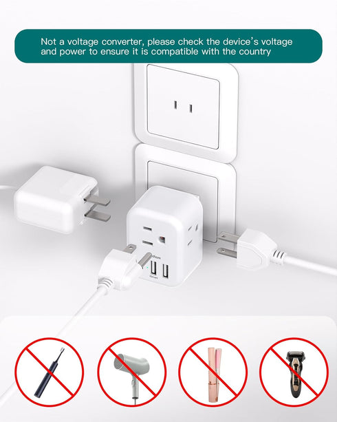 Addtam US to Japan Plug Adapter, 2 Prong to 3 Prong with 3 AC Outlets, 3 USB Ports for Travel Power Plug