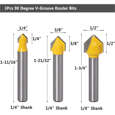 Yakamoz 6Pcs Carbide 90 Degree V-Groove and Round Nose Groove Router Bit Set, 1/4" Shank Woodworking Tool