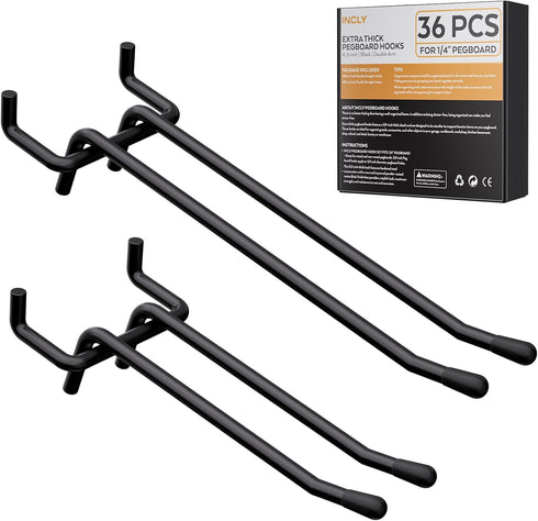 INCLY 4/6 Inch Black Pegboard Hooks, 36 Pack Heavy Duty Double Arm Straight Hooks for 1/4" Pegboard, Garage, Craft