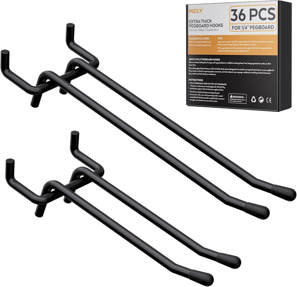 INCLY 4/6 Inch Black Pegboard Hooks, 36 Pack Heavy Duty Double Arm Straight Hooks for 1/4" Pegboard, Garage, Craft