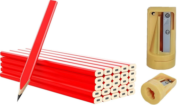 Bexter Carpenter Pencil Set with Sharpeners 20 Red Flat Woodworking Marking Tools
