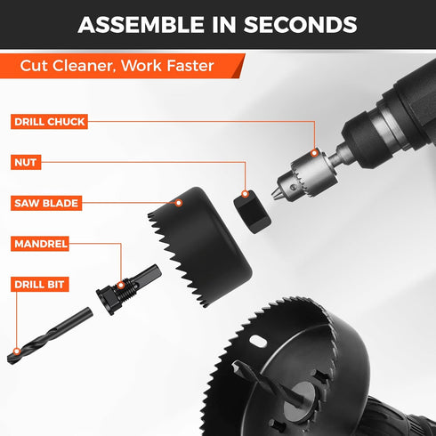 8PCS 1"2-1/8" (2554mm), 2 Set HORUSDY Hole Saw Kit, with Pcs Drill Bits, Mandrel & Hex Key, Smooth Cut, DIY-Friendly