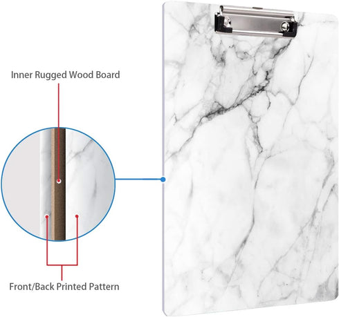 WAVEYU Cute Decorative Clipboard, Low Profile Paperboard Design for Students, Nurses, Office Supplies (White Marble)
