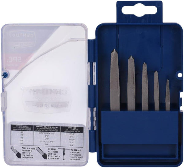 Century Drill & Tool 73215 5-Piece Square Flute Screw Extractor Set, #1 - #5, for Extracting Broken Screws