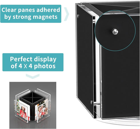HIIMIEI Acrylic Rotating Pen Holder for Desk, Holds 4 Family Photos, Organizer for Office and Home