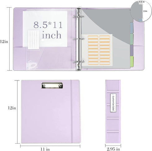 Leather 3 Ring Binder, 2 Inch with Clipboards, 5-Tabs Pockets, 18 Divider Stickers, Purple