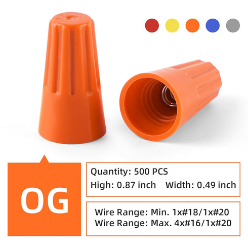 500 Pcs Orange Electrical Wire Connectors Wire Caps Screw Terminals Insulating Twist Nuts Caps for Quick Connection(AWG 18-16)