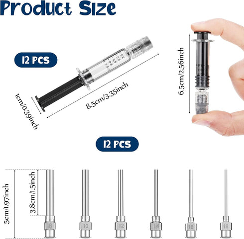 24 Pieces Borosilicate Glass Syringes Set Include 12 Pieces 1 ml Borosilicate Glass Syringe Lock and 12 Pieces Stainless Steel Lock Dispensing Needle for Thick Liquids, Ink, Glue, Lab Use