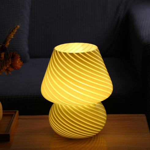 BSOD Glass Mushroom Bedside Table Lamp, Yellow Translucent Murano Vintage Style Striped Small Nightstand Desklamp Swirl