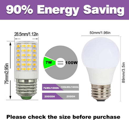 Refrigerator Light Bulb, 7W LED E26, 100 Watt Equivalent, Cool White 6500K, Non-Dimmable, 2 Pack