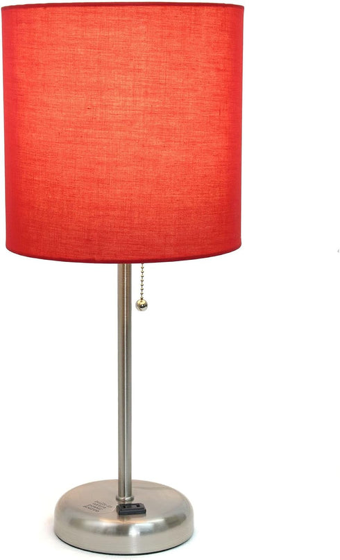 19.5" Oslo Contemporary Bedside Power Outlet Base Standard Metal Table Desk Lamp in Brushed Steel with Red Drum Fabric