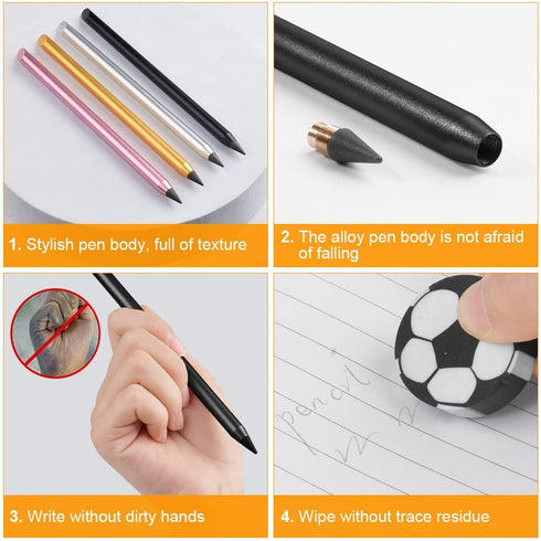 AUAUY 2PCS Metal Inkless Pencil, Infinity pencil, Reusable Everlasting Pencil, Replaceable Nib Pencil with 2 Replaceable Nib for Writing Drawing Students Home Office School Supplies(Black) by AUAUY