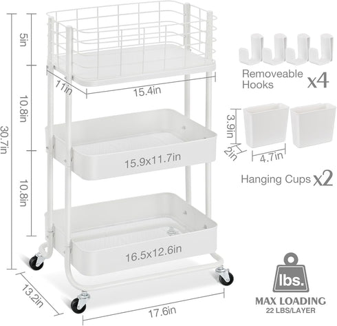 KINGRACK 3 Tier Metal Rolling Utility Cart, Small Storage Organizer with Wheels for Kitchen, Office, Bathroom