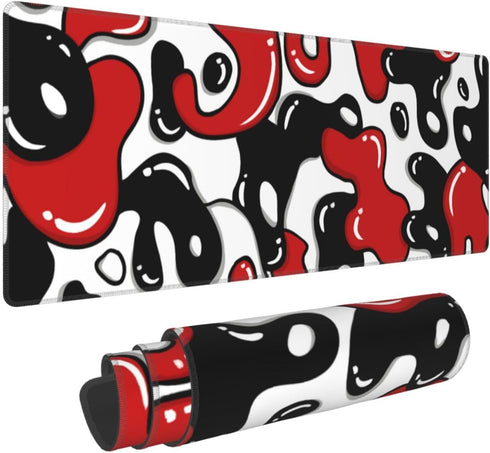 Red Black White Mouse Pad XL 31.5”x11.8” Anime Cool Geometric Desk Mat, Non-Slip Rubber Base for Home Office