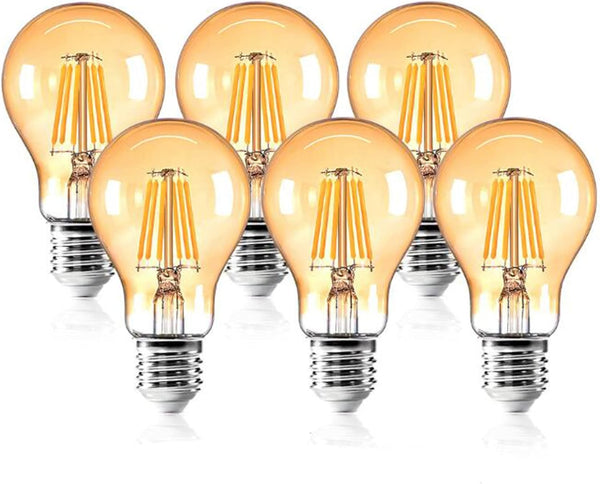 A60 LED Bulb 6W Dimmable, 60 Watt Equivalent, E26 Base, Warm Yellow 2200K, 600 Lumen, 6 Pack, Amber Glass Antique