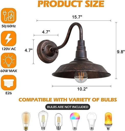 9.8" E26 Outdoor Wall Light, Iron Art Gooseneck Wall Lanterns, Retro Barn Lights, Indoor and Outdoor Wall Mounted