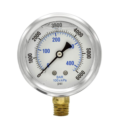 PIC Gauges PRO-201L-254S 0-6000 PSI Pressure Gauge, 2.5" Dial, Bottom Mount, Dual Scale, Glycerin Filled