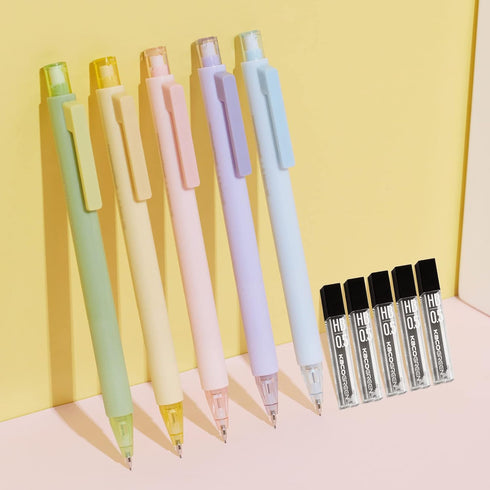 Kaco Mechanical Pencil Set, 5 Cute Pastel Pencils 0.5mm with 5 Tube HB Lead Refills in Mixed Colors