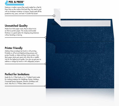 LUXPaper A7 Invitation Envelopes - Peel & Press, 5 1/4" x 7 1/4", Lapis Metallic - Stardream, 50 Qty