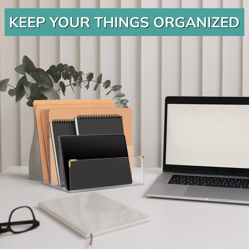 pbf Acrylic File Holder, Clear Desk Organizer with Gold Accents for Mail, Folders, and Magazines