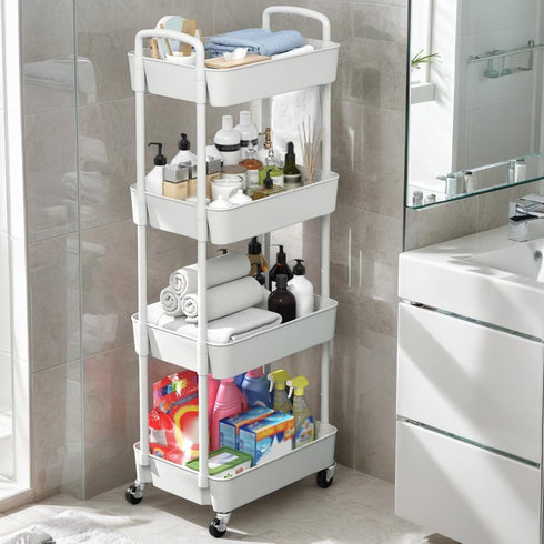 4-Tier Rolling Utility Cart with Handle Multi-Functional Storage Trolley with Wheels, Movable Organizer for Kitchen