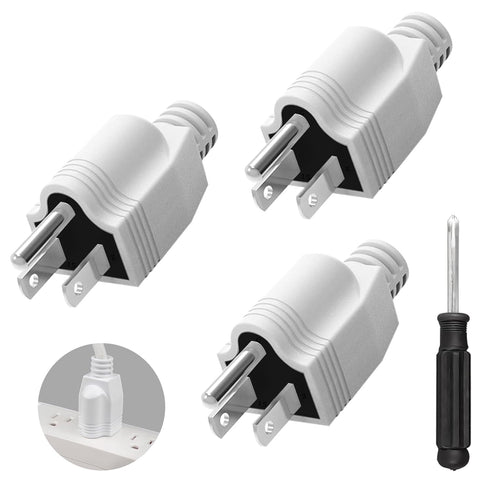 Nema 5-15P Replacement Plugs, 3 Pack Extension Cord Ends with Screwdriver, 3 Prong Replacement Plug, White