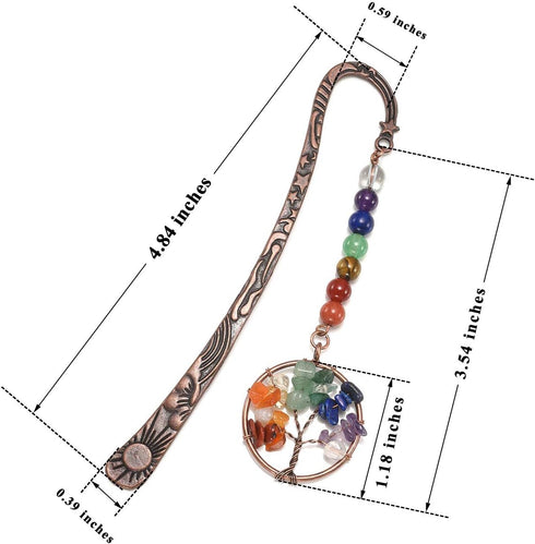 Jovivi Antique Copper Metal Bookmark with Handmade 7 Chakra Healing Crystals Tree of Life Tumbled Gemstones