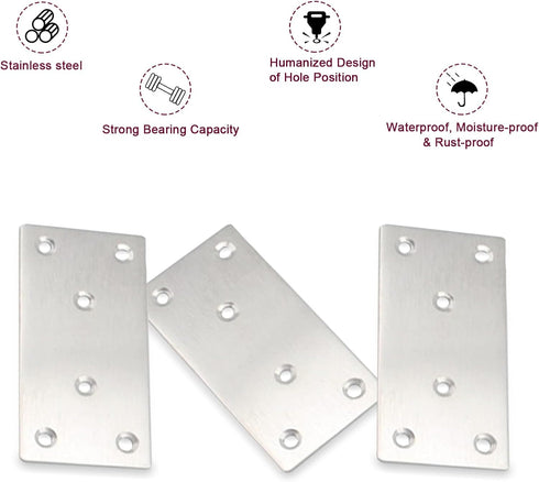 50PCS Plates,3-1/8''304 Fixing-Silver,3.15X1.57X0.08IN Flat Mending Heavy Duty Stainless Steel Straight Mending Joining