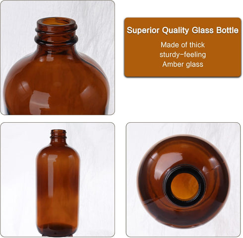 12 Pack 16 oz Amber Boston Round Glass Bottles with Black Caps for Kombucha Fermentation and Lab Chemicals (2 Funnels