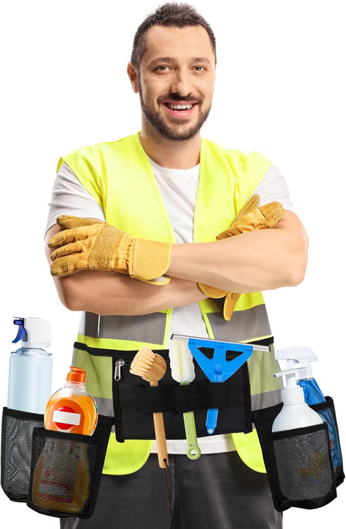 Tool Belt Cleaning Apron for Supplies, Tool Apron for Women and Men Housekeeping, 4 Bottle Carrier Bags, Black