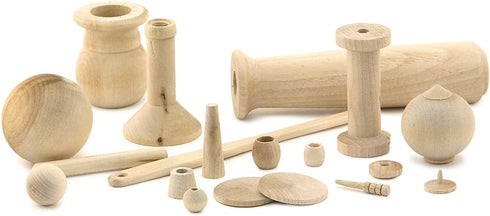 Hygloss 95010 Unfinished Wood Turning, Assorted Craft Shapes with Pegs, Bead, Tacks, Sticks, Balls, Discs, Spools, 1 lb., Natural by Hygloss
