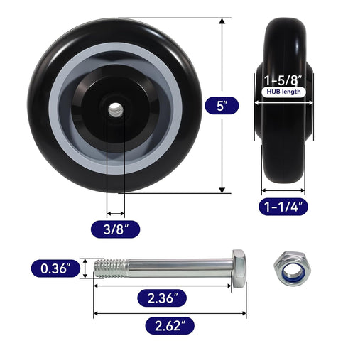 5" Set 4, 3/8" Shopping Cart Wheel Replacement Kit, Polyurethane Casters of Axle Diameter Wheels for Supermarket