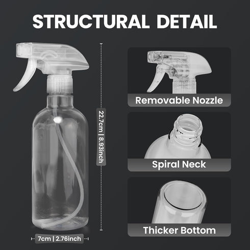 DIYSELF 2 Pack Heavy Duty Plastic Spray Bottles, 16oz Clear Water Spray Bottle with Adjustable Nozzle for Cleaning,