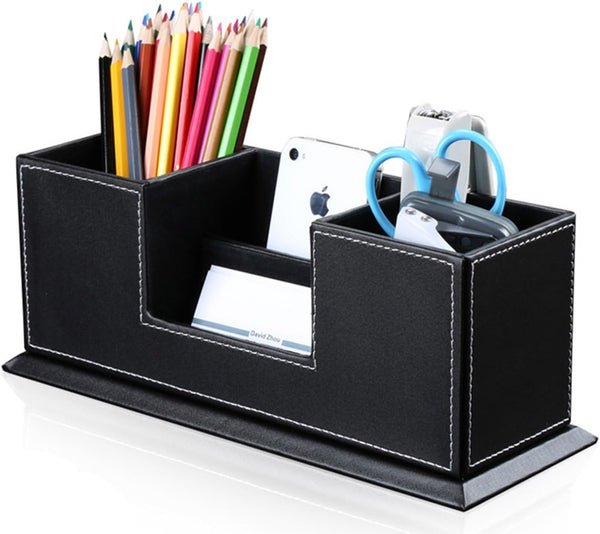 KINGFOM Office Supplies Desk Organizer, PU Leather Storage Box with 4 Divided Compartments for Pen, Business Card,