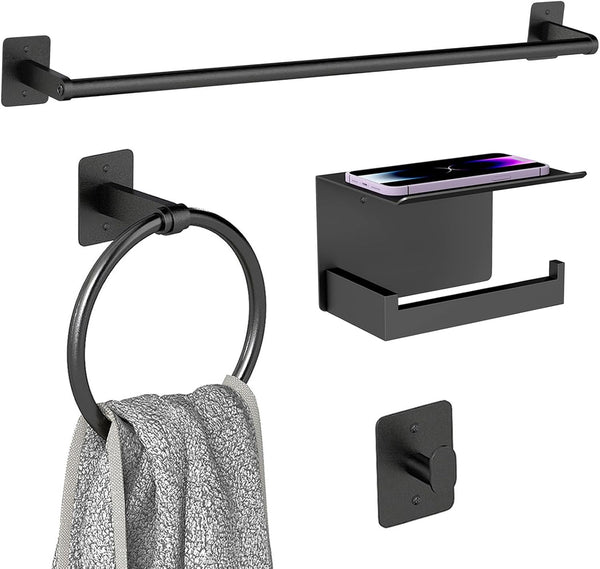 Matte Black Bathroom Accessories Set 4-Pieces, Towel Racks for Bathroom 24Inch Towel