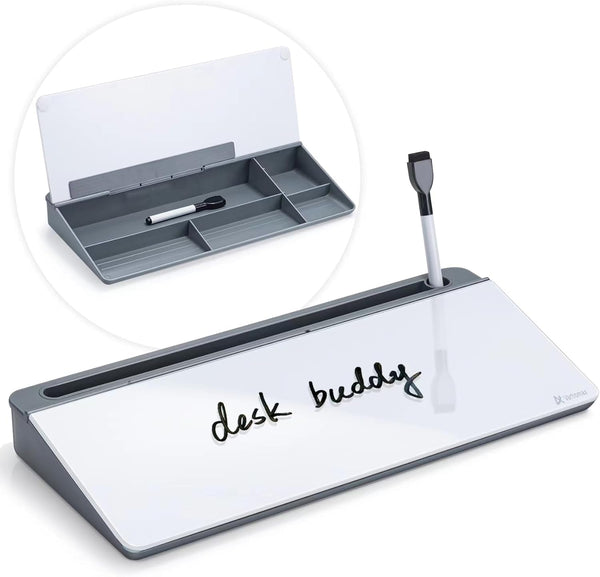 Varhomax Glass Desk Whiteboard with Storage, Memo Desktop Dry Erase Board for Home Office and School Supplies