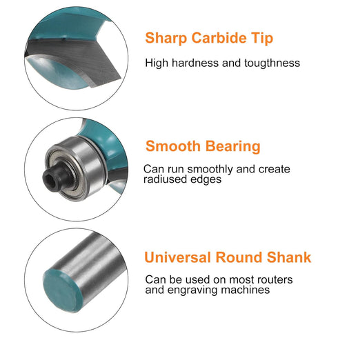 2pcs Roundover Router Bit, 1/4 Shank 5/16" Radius Carbide Tipped Edge Rounding Over Bit with Bearing Guide