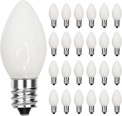 SUNSGNE C7 LED White Replacement Christmas Light Bulbs, Pack of 25, 0.6W E12 Candelabra Base - Great for Decorative