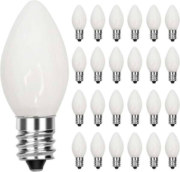 SUNSGNE C7 LED White Replacement Christmas Light Bulbs, Pack of 25, 0.6W E12 Candelabra Base - Great for Decorative