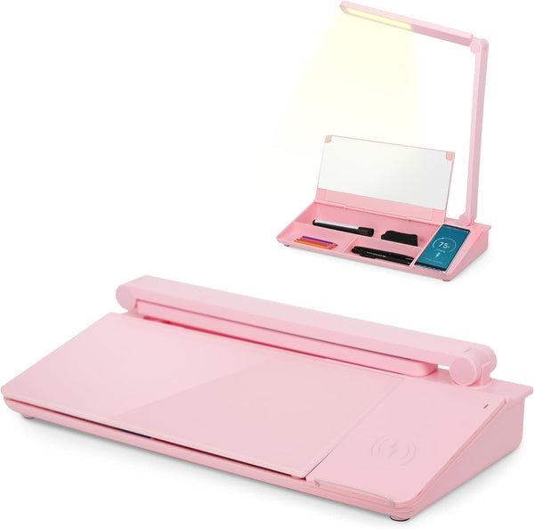 SHANTRA 16" x 7" Desktop Whiteboard, Fast Charger Station & Adjustable LED Lamp, Pink Desk Dry Erase Board