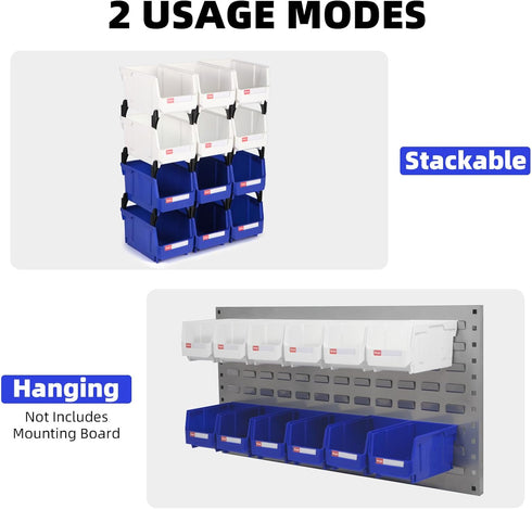 12 Pack (7x5x4 Inch), Stackable Storage Bins Plastic Stackable Storage Organizer Bins Wall Mounted Hanging Small Parts
