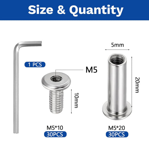 Jiahezhi 30 Sets M5 20mm x Stainless Steel Furniture Joint Connector Bolts & Cap Nuts Assortment Kit, Flat Hex Socket