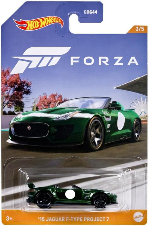 Hot Wheels Forza Horizon Die Cast Model Car, '15 Jaguar F-Type Project 7 Scale 1:64 – Length 7 cm HLK27
