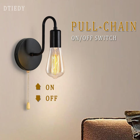 1-Light E26 Bulb Pull Chain Wall Light Fixture Wall Sconce with On Off Switch Hardwired Black Wall Sconces Indoor