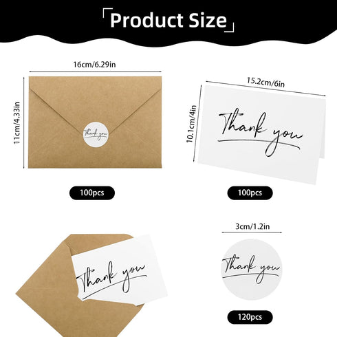 PineHaven 100 Set Bulk,4x 6 Inch Thank You Cards with Kraft Envelopes and Stickers Blank Thank You Notes Greeting