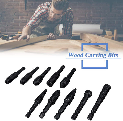 Mesee 10 Pieces Rotary Burr Rasp Set, 1/4 Inch Hex Shank Quick Change Wood Carving Drill Bits Carbon Steel File Rasp DIY Woodworking Tool for Wood Plastic Engraving Polishing Grinding